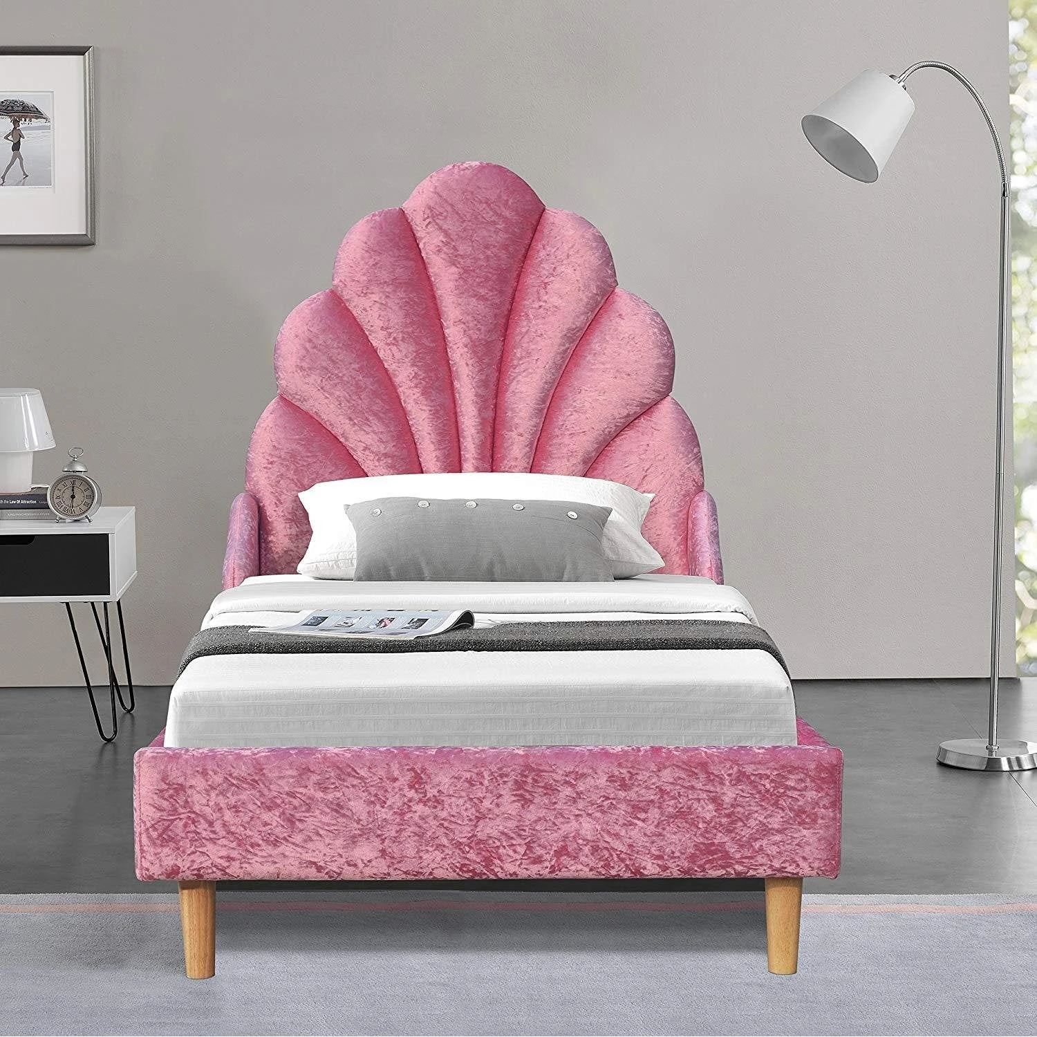 Cherry Tree Furniture ARIEL Pink Crushed Velvet Upholstered Kid's Princess Bed With Scalloped Headboard 3 Cherry Tree Furniture ARIEL Pink Crushed Velvet Upholstered Kid's Princess Bed With Scalloped Headboard