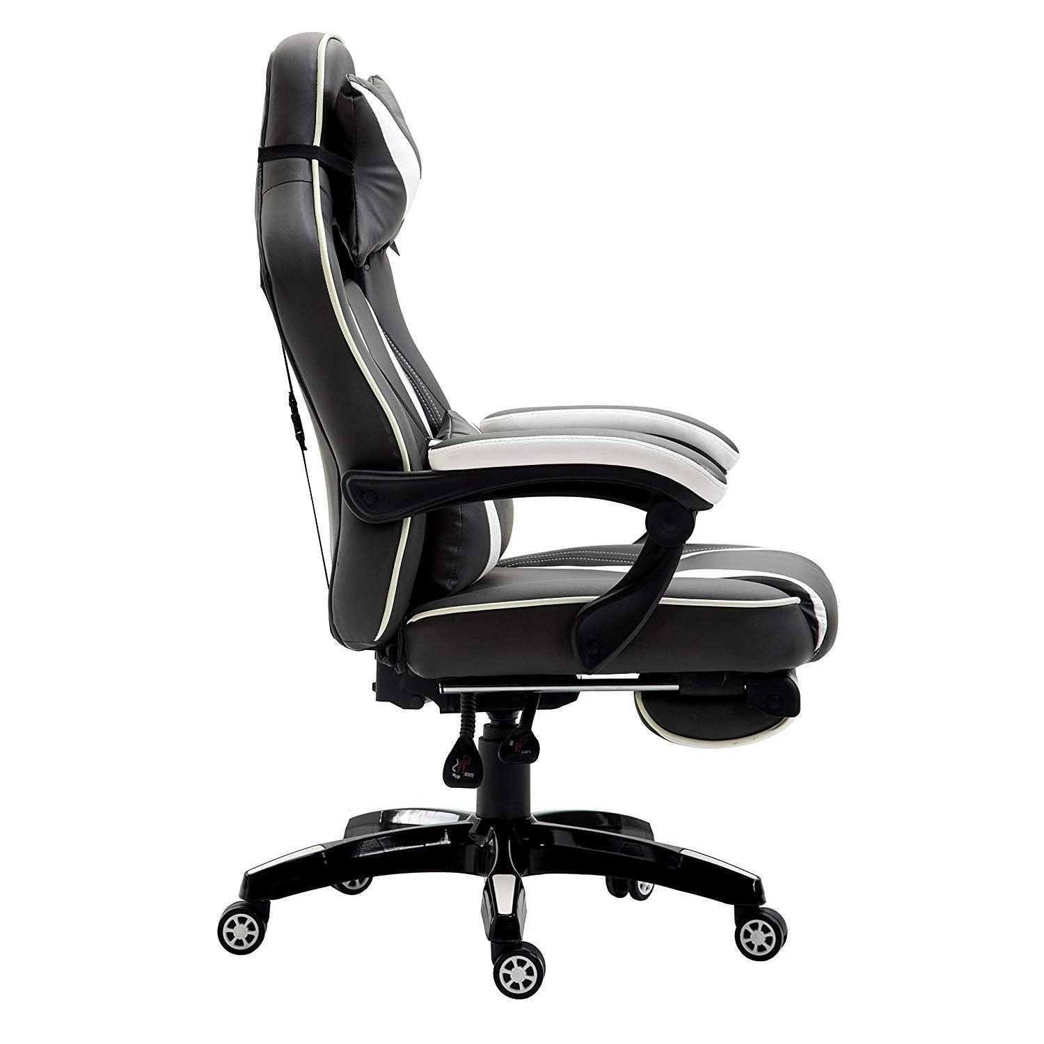 High Back Recliner Gaming Swivel Chair With Footrest & Adjustable Lumbar & Head Cushion, MR49 Black & White 5 High Back Recliner Gaming Swivel Chair With Footrest & Adjustable Lumbar & Head Cushion, MR49 Black & White - Image 3
