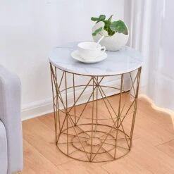 Cherry Tree Furniture KORAM Marble Effect Top Basket Side Table Golden Geometric Wire Frame End Table