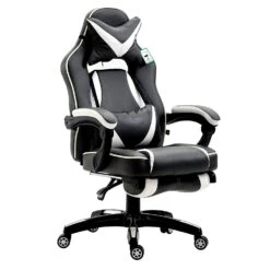 High Back Recliner Gaming Swivel Chair With Footrest & Adjustable Lumbar & Head Cushion, MR49 Black & White