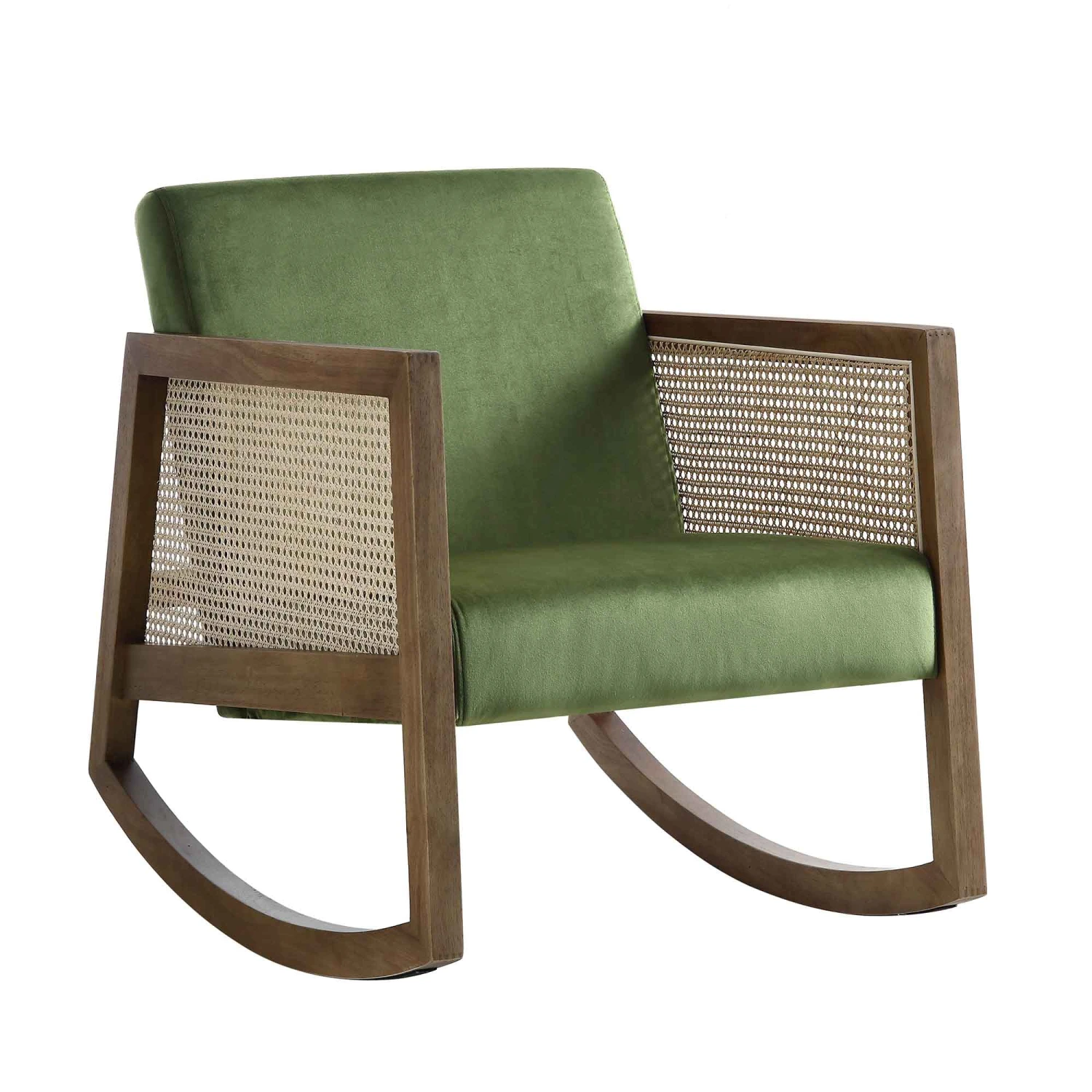 Fyne Moss Green Velvet Rocking Armchair With Rattan Armrests 5 Fyne Moss Green Velvet Rocking Armchair With Rattan Armrests - Image 3