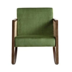 Fyne Moss Green Velvet Rocking Armchair With Rattan Armrests 17 Fyne Moss Green Velvet Rocking Armchair With Rattan Armrests -FINZ Furniture Shop ACH 40 GREEN WALN WB2