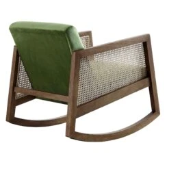 Fyne Moss Green Velvet Rocking Armchair With Rattan Armrests 19 Fyne Moss Green Velvet Rocking Armchair With Rattan Armrests -FINZ Furniture Shop ACH 40 GREEN WALN WB4