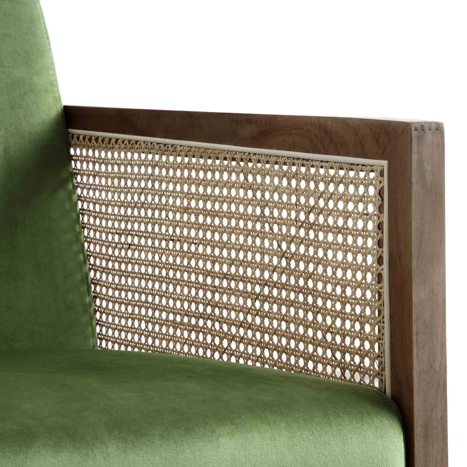 Fyne Moss Green Velvet Rocking Armchair With Rattan Armrests 12 Fyne Moss Green Velvet Rocking Armchair With Rattan Armrests - Image 10