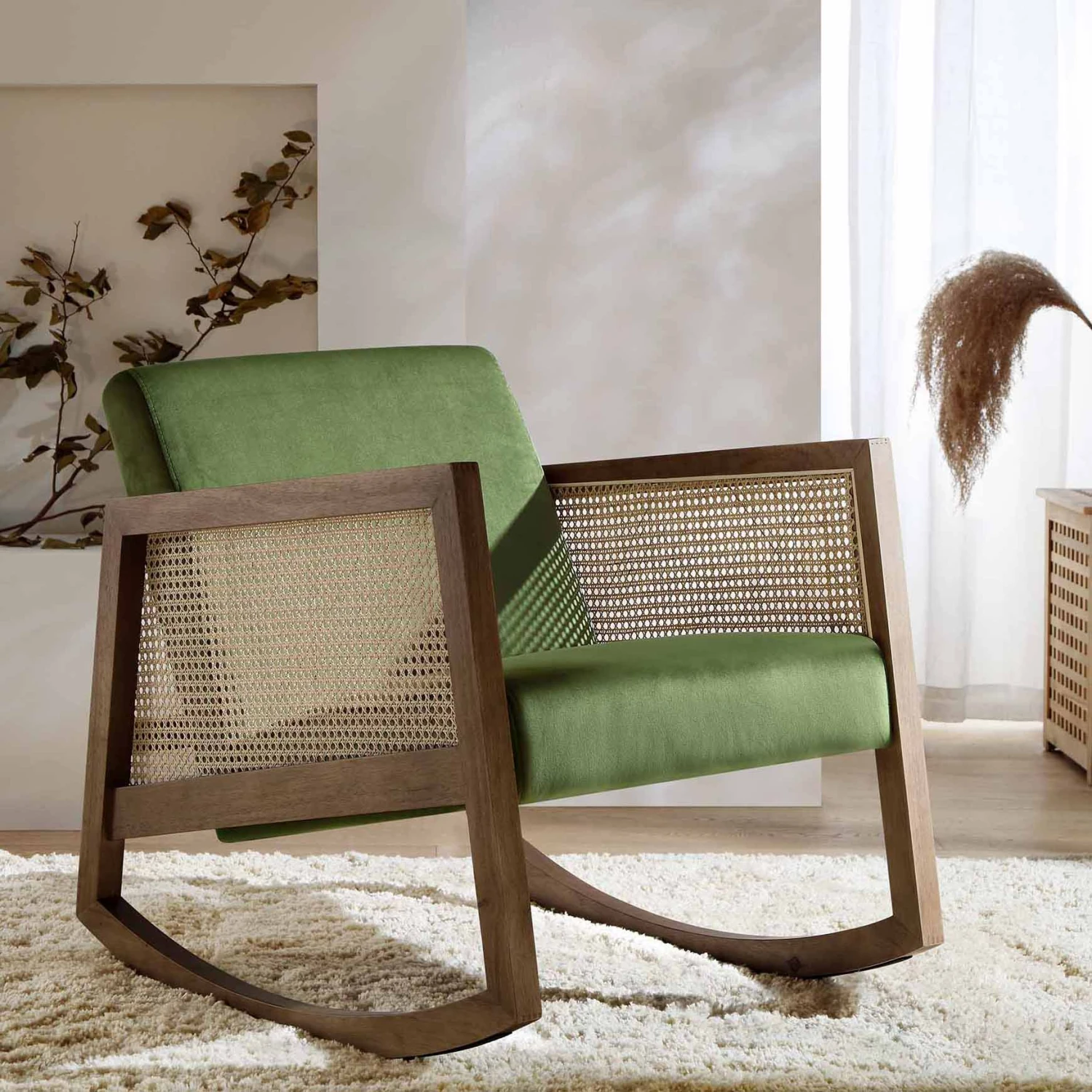 Fyne Moss Green Velvet Rocking Armchair With Rattan Armrests 3 Fyne Moss Green Velvet Rocking Armchair With Rattan Armrests