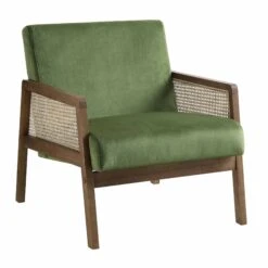 Fyne Moss Green Velvet Walnut Frame Rattan Armchair -FINZ Furniture Shop ACH 608 GREENVEL WALN WB1