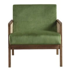Fyne Moss Green Velvet Walnut Frame Rattan Armchair -FINZ Furniture Shop ACH 608 GREENVEL WALN WB2