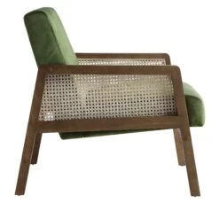 Fyne Moss Green Velvet Walnut Frame Rattan Armchair -FINZ Furniture Shop ACH 608 GREENVEL WALN WB3