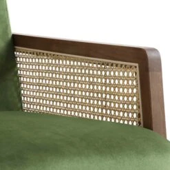 Fyne Moss Green Velvet Walnut Frame Rattan Armchair -FINZ Furniture Shop ACH 608 GREENVEL WALN detail2