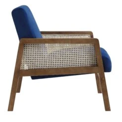 Fyne Navy Blue Velvet Walnut Frame Rattan Armchair 19 Fyne Navy Blue Velvet Walnut Frame Rattan Armchair -FINZ Furniture Shop ACH 608 NAVYVEL WALN WB3