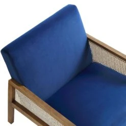 Fyne Navy Blue Velvet Walnut Frame Rattan Armchair 22 Fyne Navy Blue Velvet Walnut Frame Rattan Armchair -FINZ Furniture Shop ACH 608 NAVYVEL WALN detail1