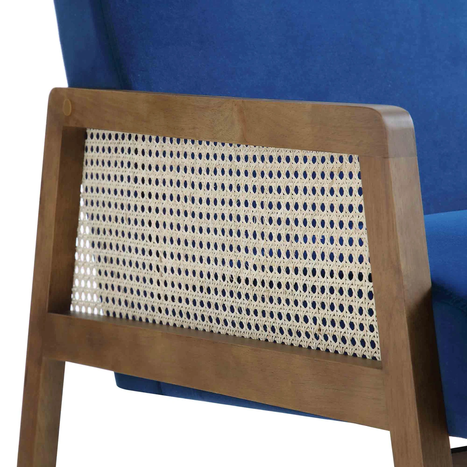 Fyne Navy Blue Velvet Walnut Frame Rattan Armchair 13 Fyne Navy Blue Velvet Walnut Frame Rattan Armchair - Image 11
