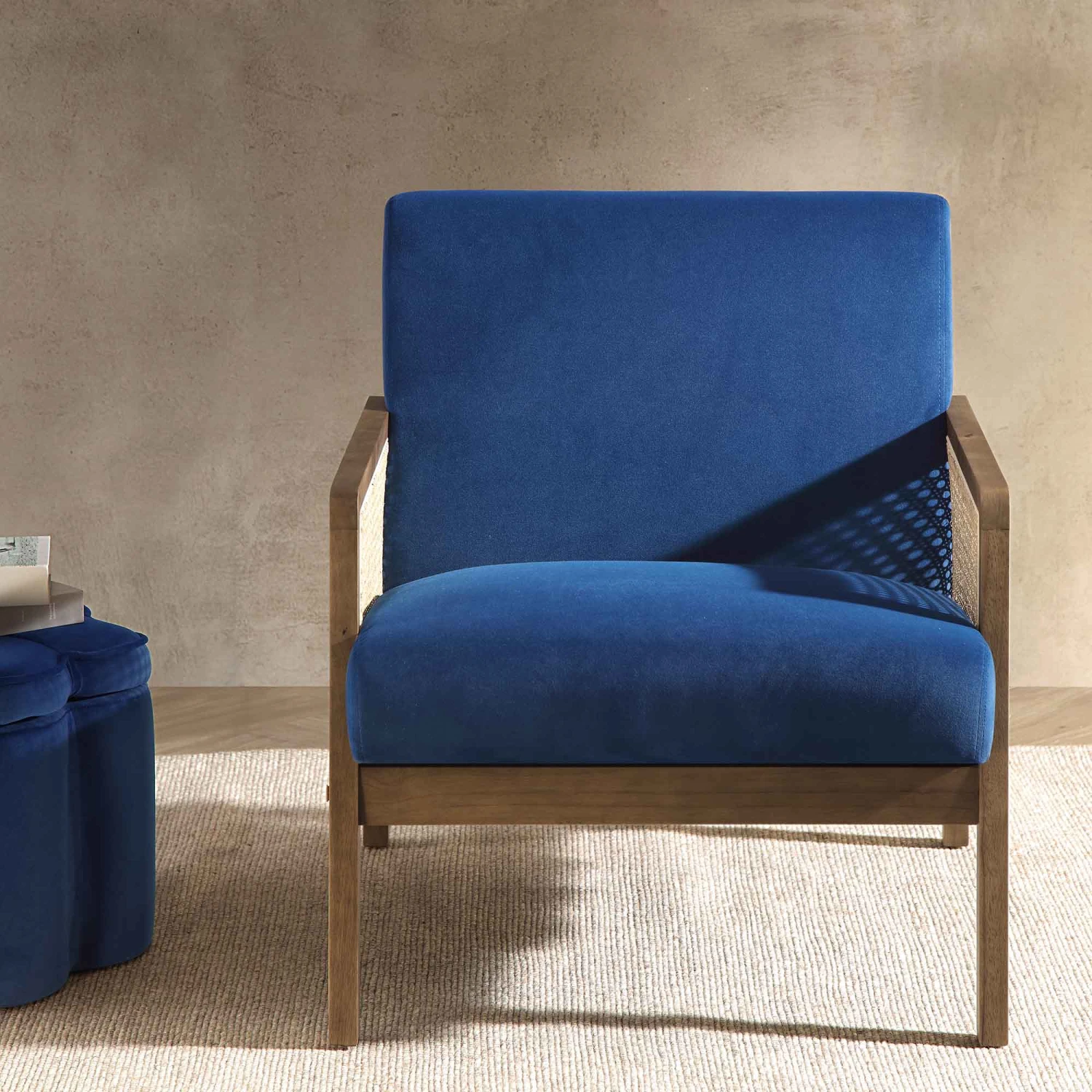 Fyne Navy Blue Velvet Walnut Frame Rattan Armchair 4 Fyne Navy Blue Velvet Walnut Frame Rattan Armchair - Image 2