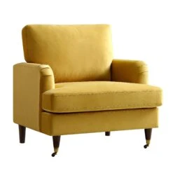Brigette Mustard Velvet Armchair With Antique Brass Castor Legs -FINZ Furniture Shop AYSF 010 MUSTARD VEL 1ST WB1