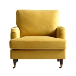 Brigette Mustard Velvet Armchair With Antique Brass Castor Legs -FINZ Furniture Shop AYSF 010 MUSTARD VEL 1ST WB2