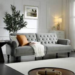 Hanney 3-Seater Chesterfield Sofabed In Grey Velvet 21 Hanney 3-Seater Chesterfield Sofabed In Grey Velvet -FINZ Furniture Shop AYSF 011 GREY VEL scene1