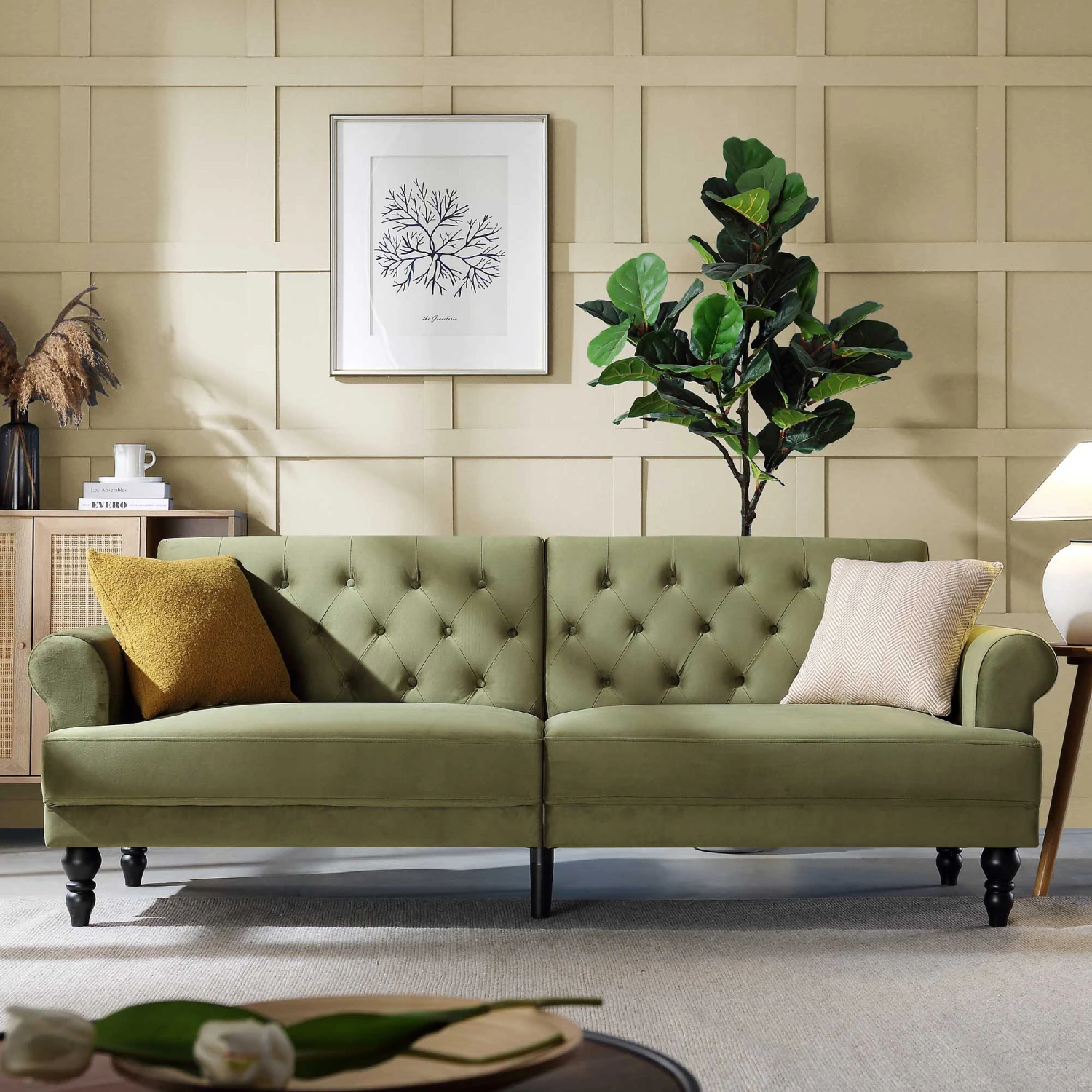Hanney 3-Seater Chesterfield Sofabed In Moss Green Velvet 3 Hanney 3-Seater Chesterfield Sofabed In Moss Green Velvet