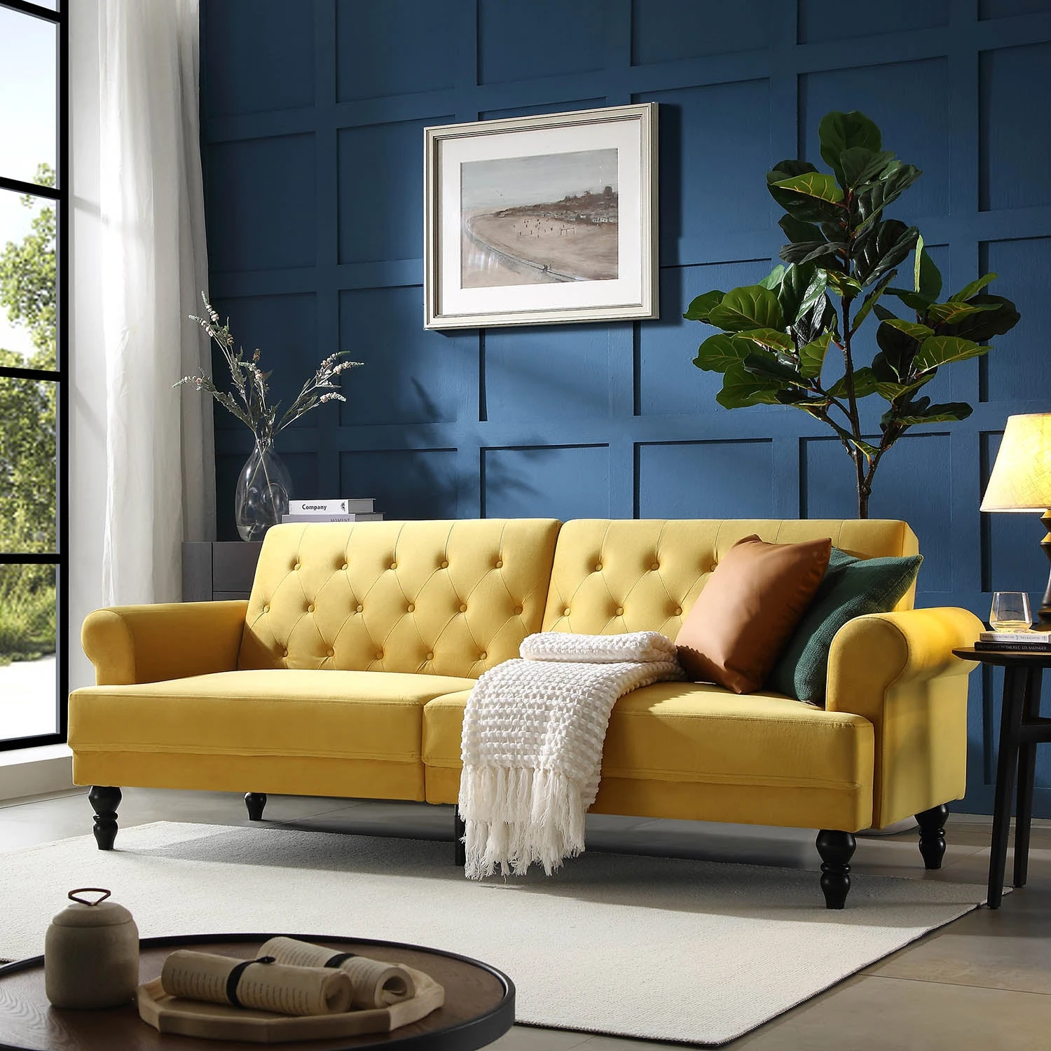 Hanney 3-Seater Chesterfield Sofabed In Mustard Yellow Velvet 4 Hanney 3-Seater Chesterfield Sofabed In Mustard Yellow Velvet - Image 2