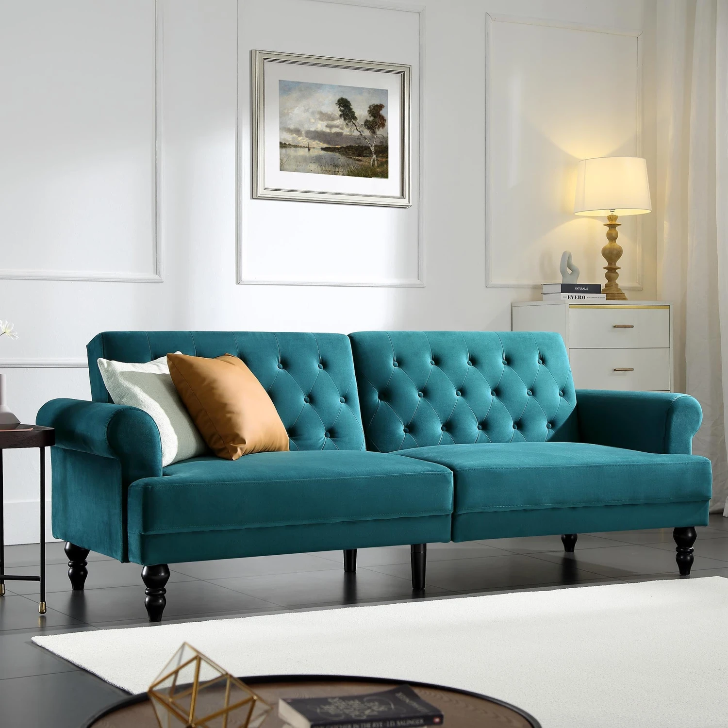 Hanney 3-Seater Chesterfield Sofabed In Teal Velvet 4 Hanney 3-Seater Chesterfield Sofabed In Teal Velvet - Image 2