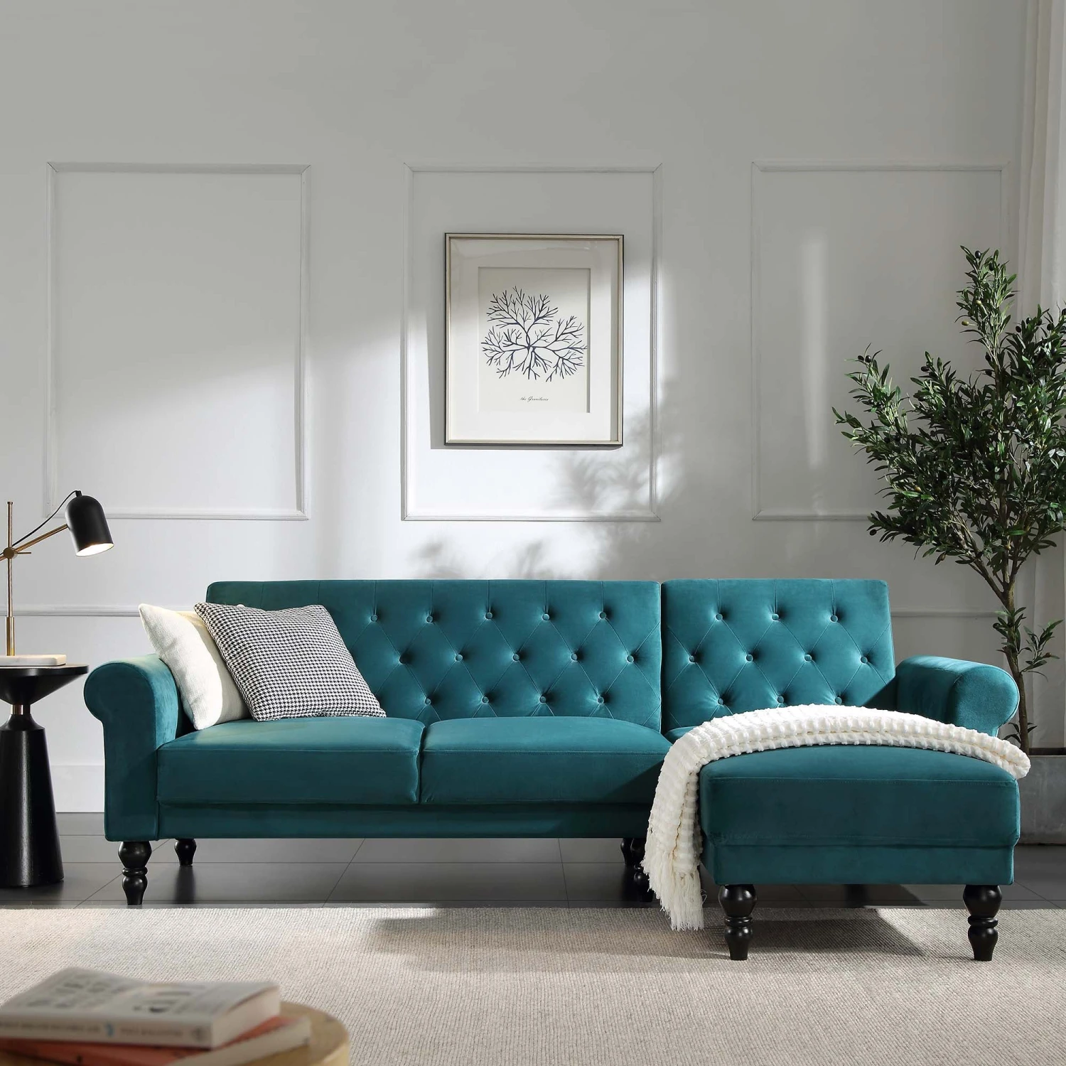 Hanney Chesterfield Chaise Sofabed In Teal Velvet 4 Hanney Chesterfield Chaise Sofabed In Teal Velvet - Image 2