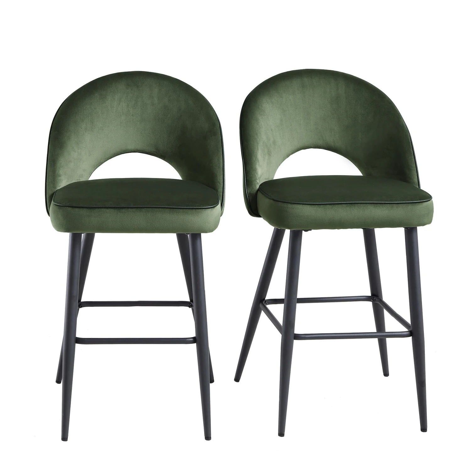 Oakley Set Of 2 Dark Green Velvet Upholstered Counter Stools With Contrast Piping 4 Oakley Set Of 2 Dark Green Velvet Upholstered Counter Stools With Contrast Piping - Image 2