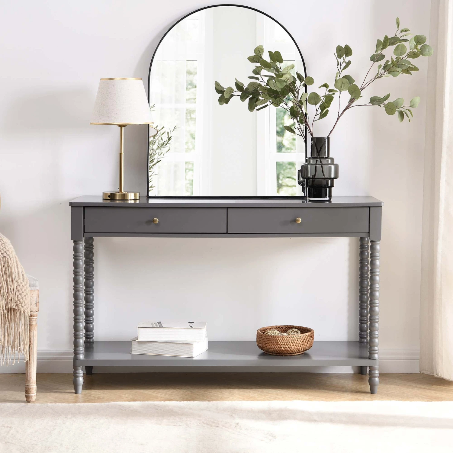 Aldwinke Dark Grey Bobbin 2 Drawer Large Console Table 3 Aldwinke Dark Grey Bobbin 2 Drawer Large Console Table
