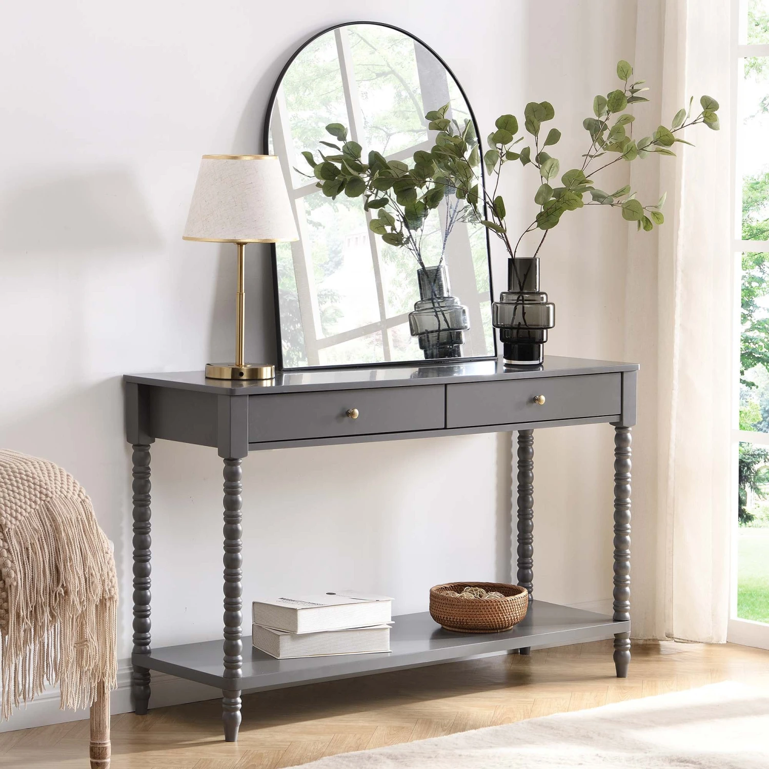 Aldwinke Dark Grey Bobbin 2 Drawer Large Console Table 4 Aldwinke Dark Grey Bobbin 2 Drawer Large Console Table - Image 2