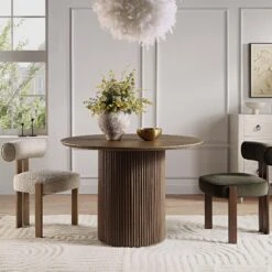 Maru Round Oak Pedestal Dining Table, Silver Oak