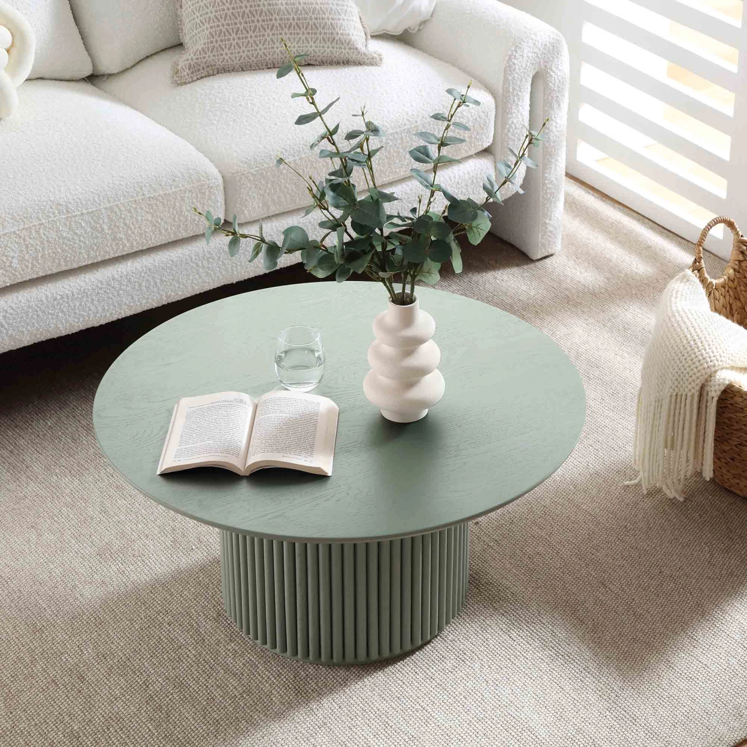 Maru Round Oak Pedestal Coffee Table, Sage Green 4 Maru Round Oak Pedestal Coffee Table, Sage Green - Image 2