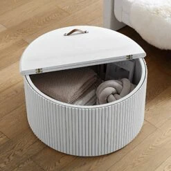 Maru Oak Round Coffee Table With Storage, Washed White -FINZ Furniture Shop BSD 140 WHITE scene2