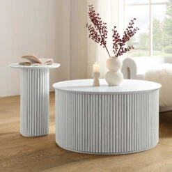 Maru Oak Round Coffee Table With Storage, Washed White -FINZ Furniture Shop BSD 140 WHITE scene3