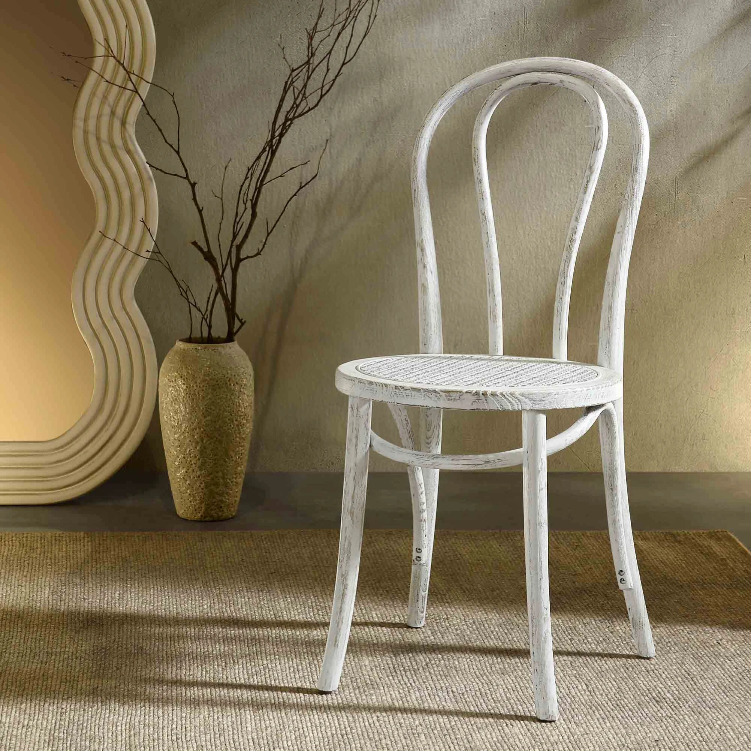 Camille Elm Wood And Rattan Bentwood Dining Chair, Distressed White 3 Camille Elm Wood And Rattan Bentwood Dining Chair, Distressed White