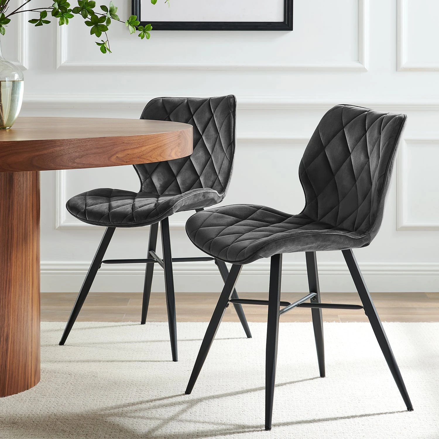 Set Of 2 Ampney Velvet Diamond Stitch Dining Chairs With Metal Legs (Dark Grey Velvet) 3 Set Of 2 Ampney Velvet Diamond Stitch Dining Chairs With Metal Legs (Dark Grey Velvet)