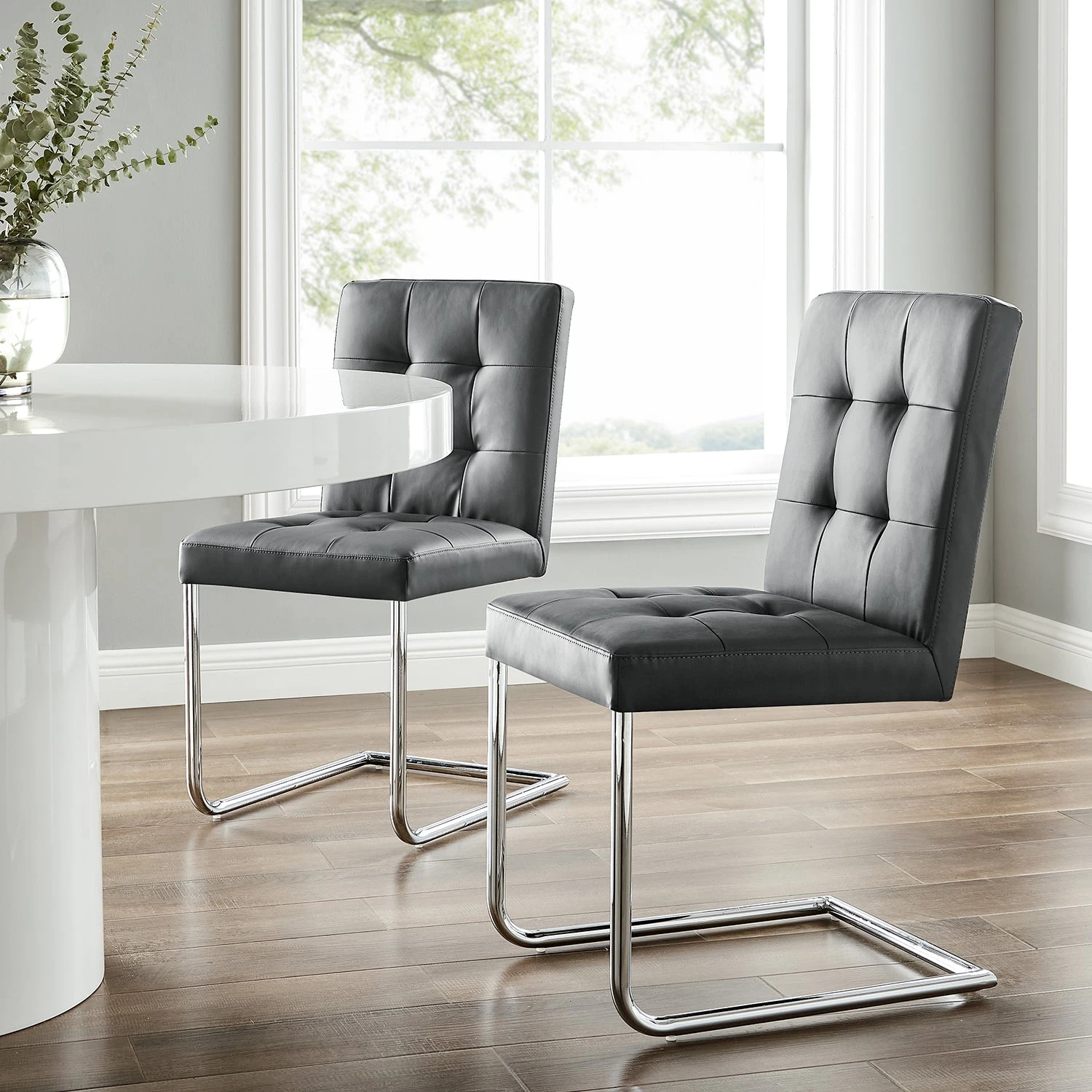 Keyston Set Of 2 Dark Grey PU Leather Upholstered Dining Chairs With Chrome Legs 3 Keyston Set Of 2 Dark Grey PU Leather Upholstered Dining Chairs With Chrome Legs
