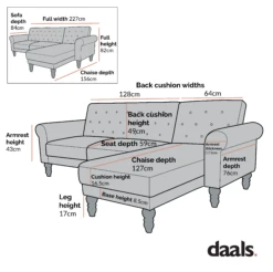 Hanney Chesterfield Chaise Sofabed In Grey Velvet -FINZ Furniture Shop Dimensional Drawings AYSF 012