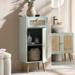 Frances Woven Rattan 1-Door Bathroom Cabinet, Mint -FINZ Furniture Shop FT BAC 01 SAGE scene2