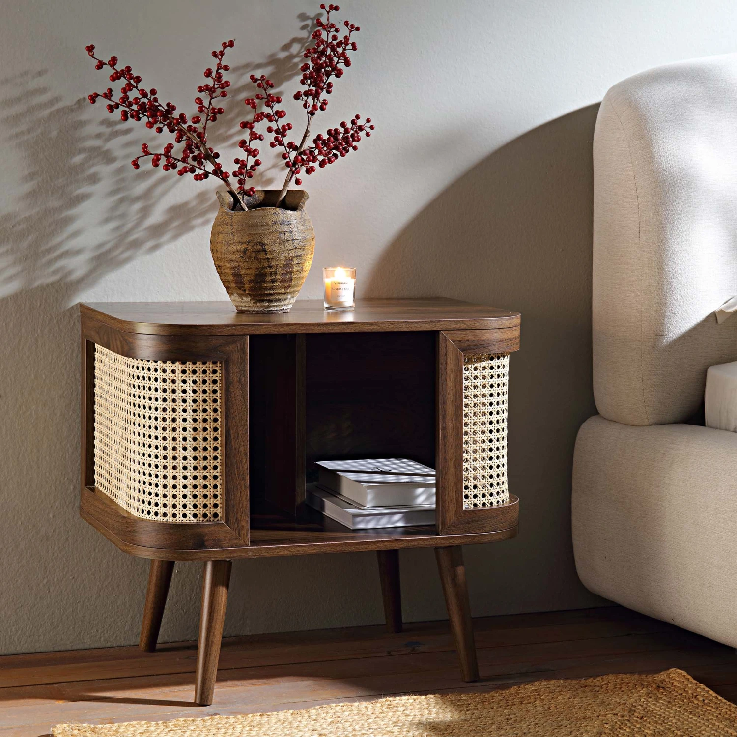 Izzy Curved Rattan Bedside Table, Walnut 3 Izzy Curved Rattan Bedside Table, Walnut