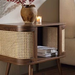 Izzy Curved Rattan Bedside Table, Walnut 16 Izzy Curved Rattan Bedside Table, Walnut -FINZ Furniture Shop FT BST 04 WALN scene2