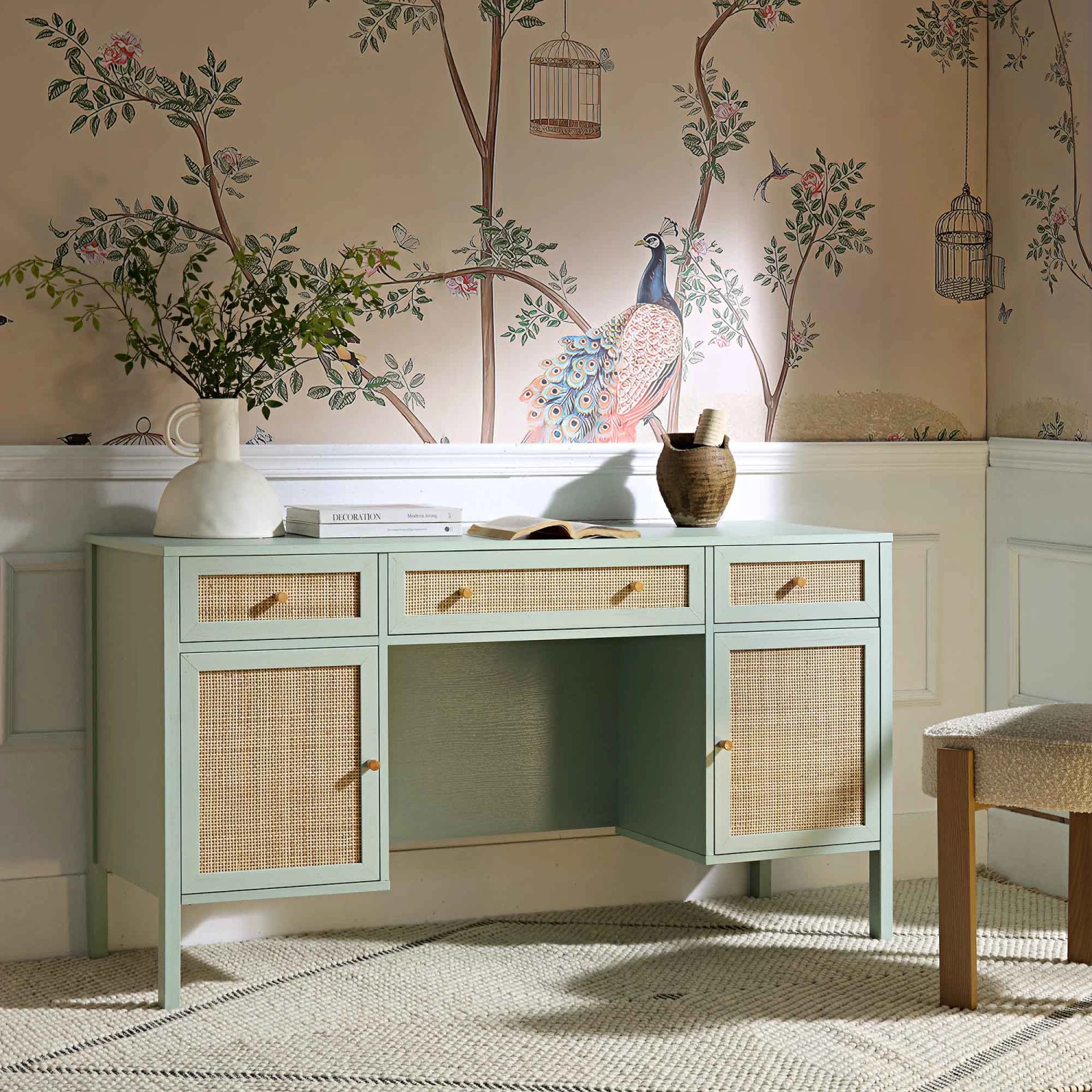 Frances Woven Rattan 3-Drawer Desk, Mint 3 Frances Woven Rattan 3-Drawer Desk, Mint