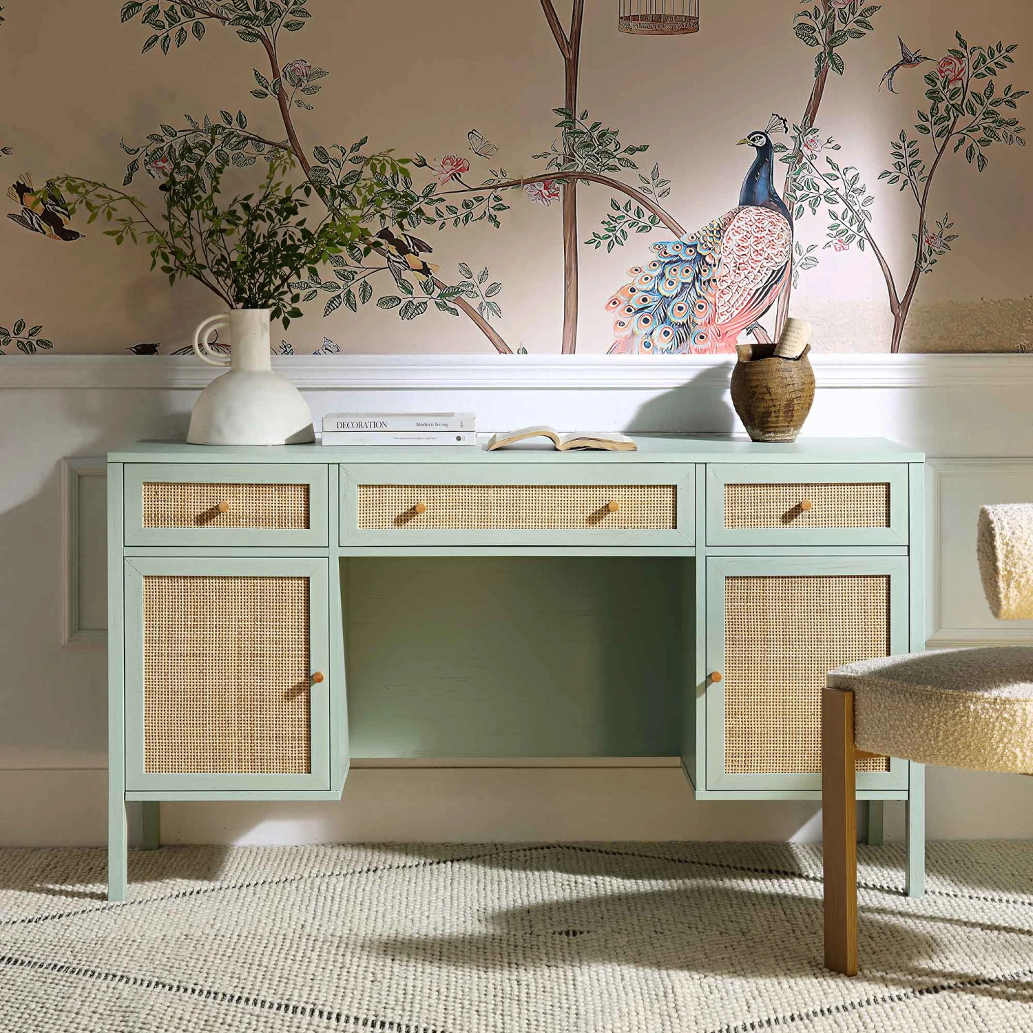 Frances Woven Rattan 3-Drawer Desk, Mint 4 Frances Woven Rattan 3-Drawer Desk, Mint - Image 2