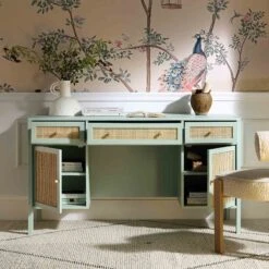 Frances Woven Rattan 3-Drawer Desk, Mint 19 Frances Woven Rattan 3-Drawer Desk, Mint -FINZ Furniture Shop FT DESK 02 SAGE scene2