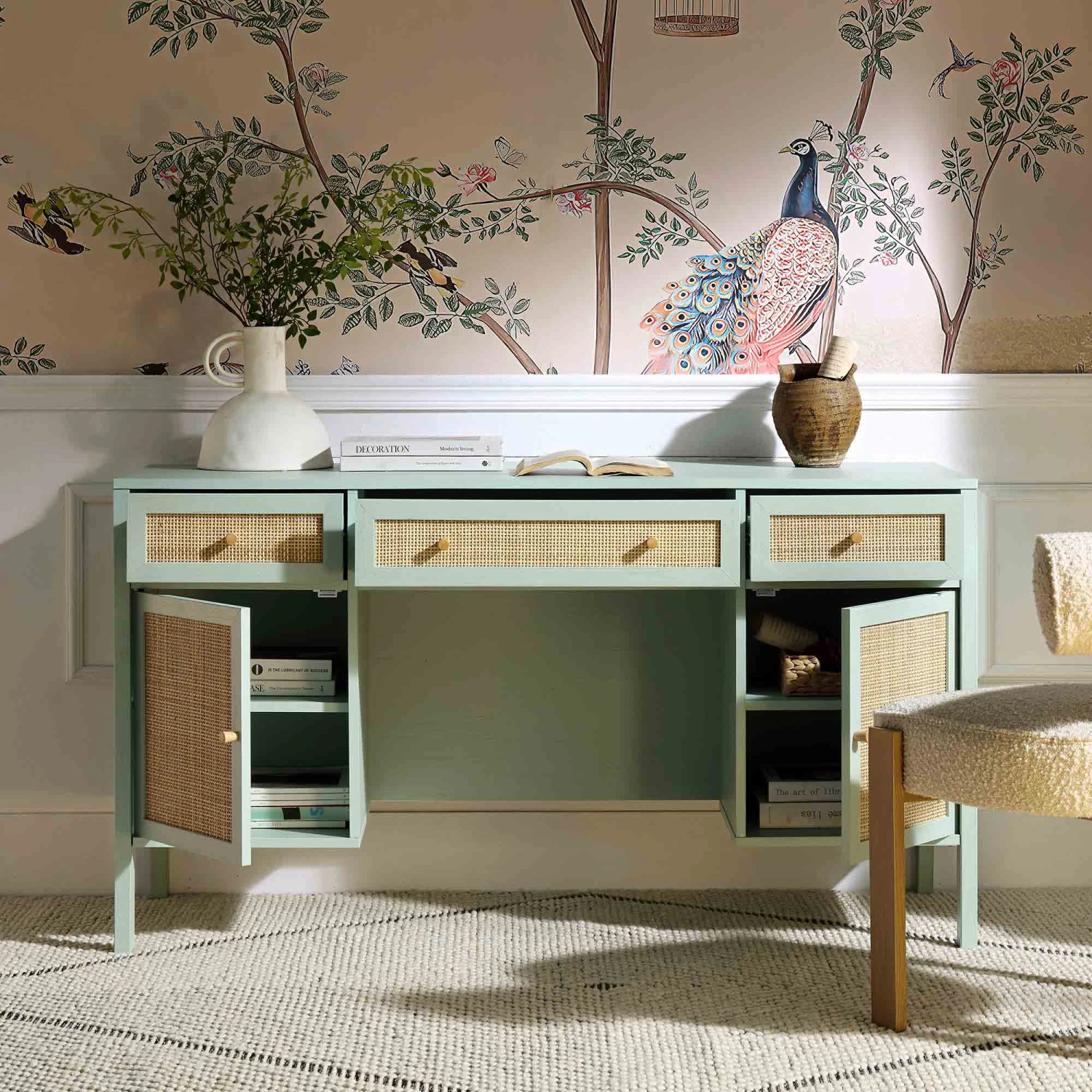 Frances Woven Rattan 3-Drawer Desk, Mint 5 Frances Woven Rattan 3-Drawer Desk, Mint - Image 3