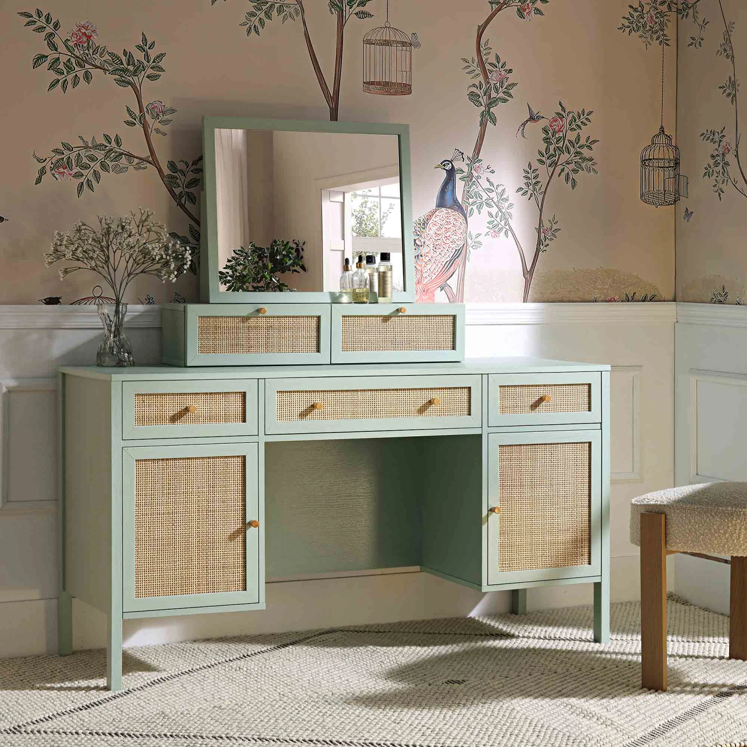 Frances Woven Rattan 3-Drawer Desk, Mint 7 Frances Woven Rattan 3-Drawer Desk, Mint - Image 5