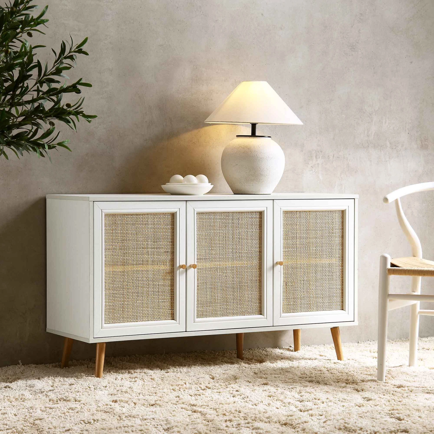 Frances Woven Rattan 3-Door Sideboard, White 3 Frances Woven Rattan 3-Door Sideboard, White