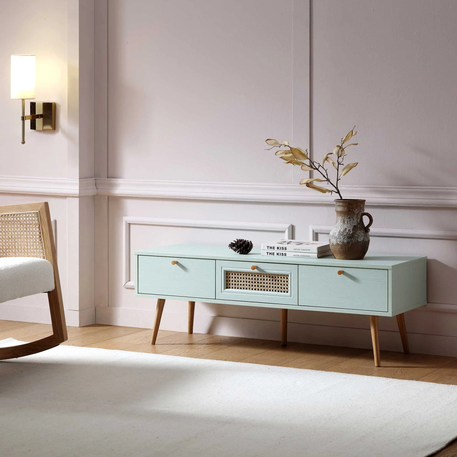 Anya Woven Rattan 3-Drawer TV Unit In Mint 3 Anya Woven Rattan 3-Drawer TV Unit In Mint