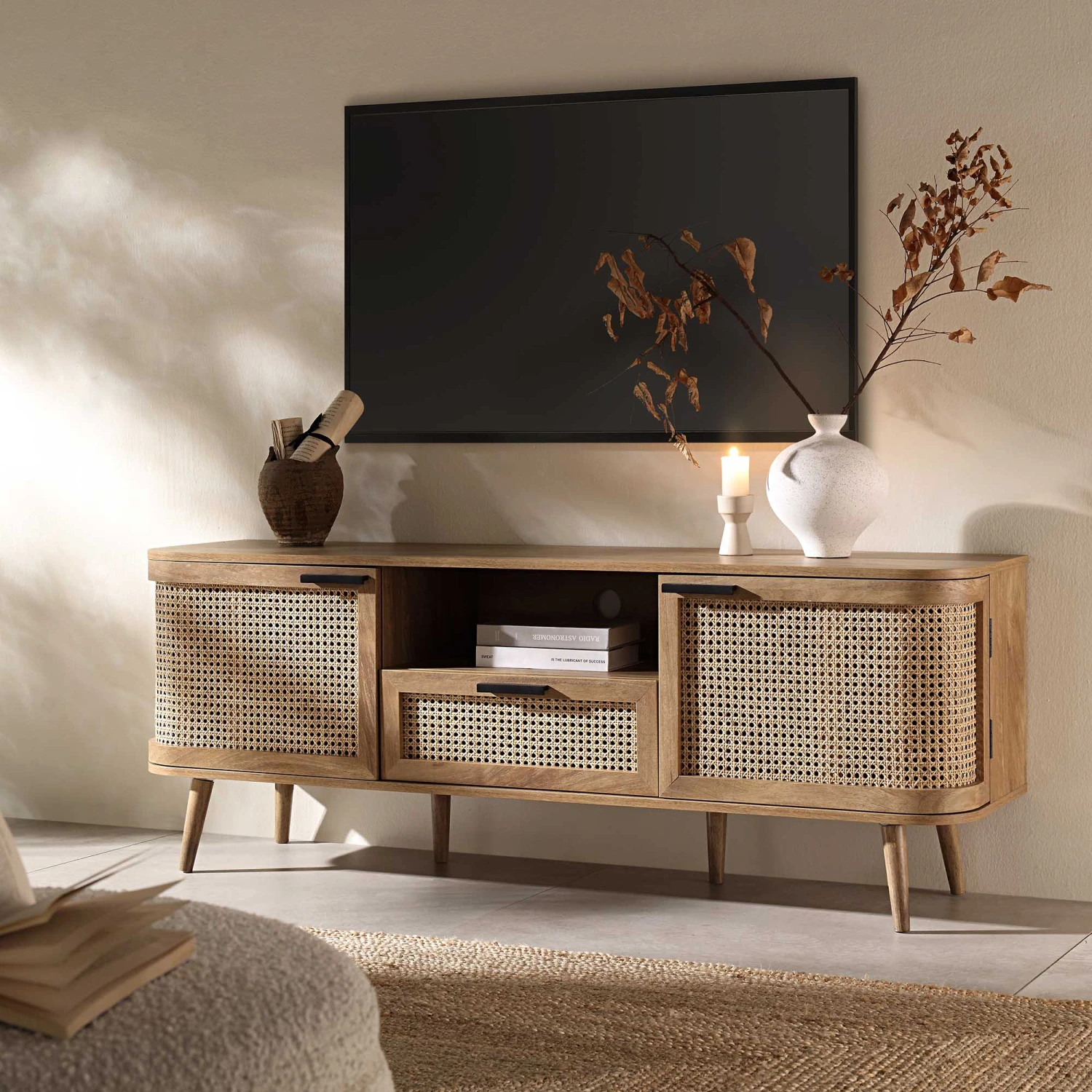 Izzy Curved Rattan 150cm TV Unit, Natural 4 Izzy Curved Rattan 150cm TV Unit, Natural - Image 2