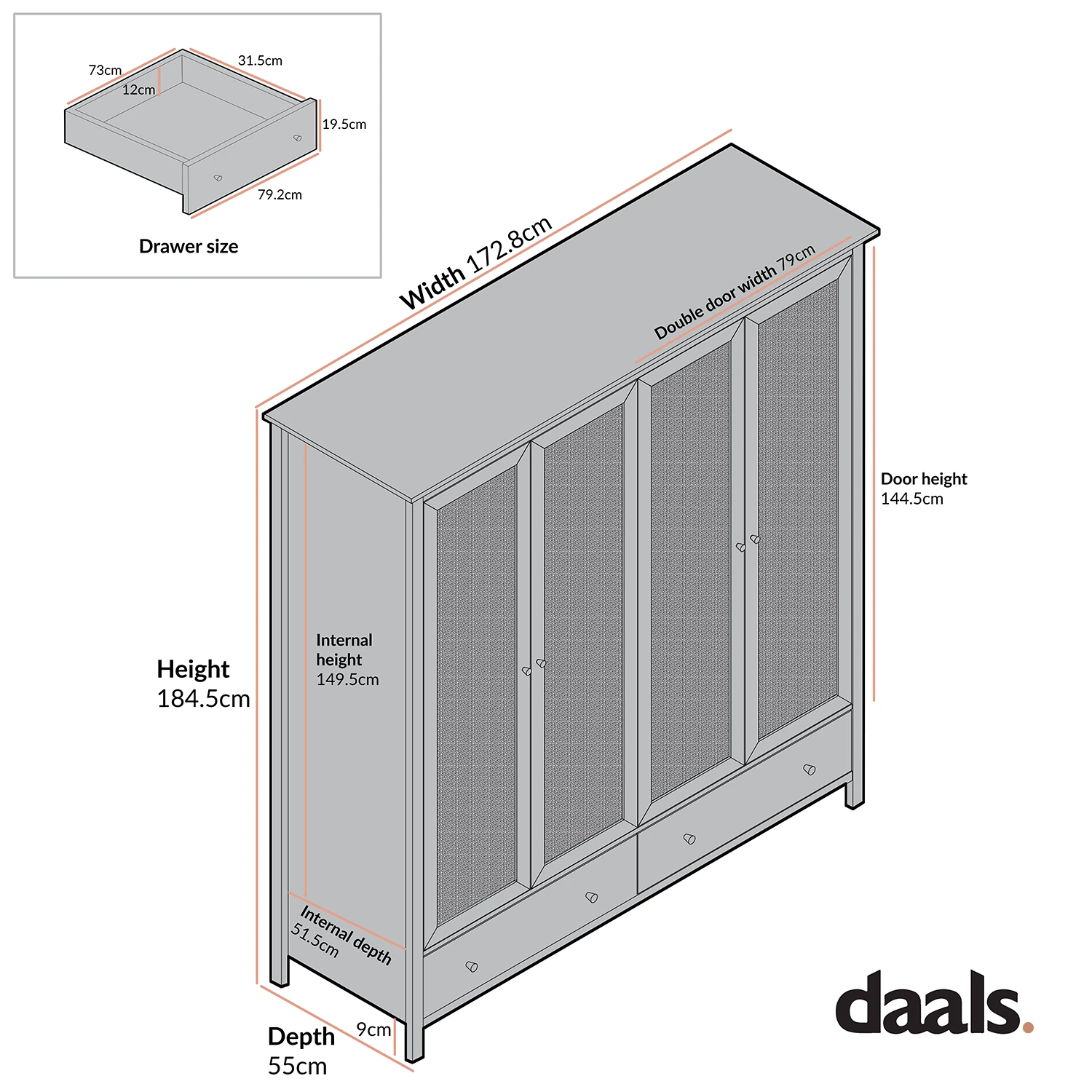 Frances Rattan 4-Door Wardrobe With 2 Drawers, Natural 7 Frances Rattan 4-Door Wardrobe With 2 Drawers, Natural - Image 5