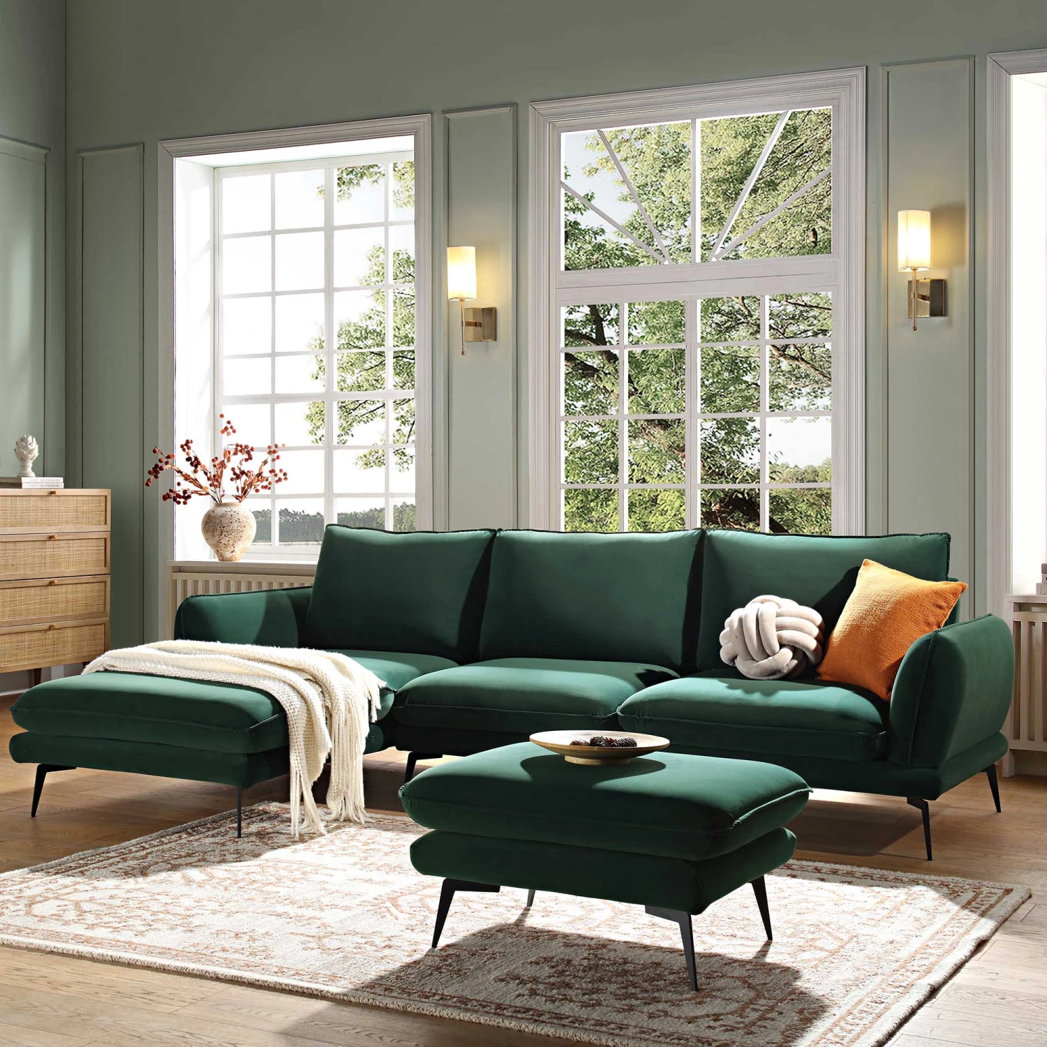 Obriel Forest Green Velvet Sofa, Grande Chaise Sofa Left Hand 3 Obriel Forest Green Velvet Sofa, Grande Chaise Sofa Left Hand