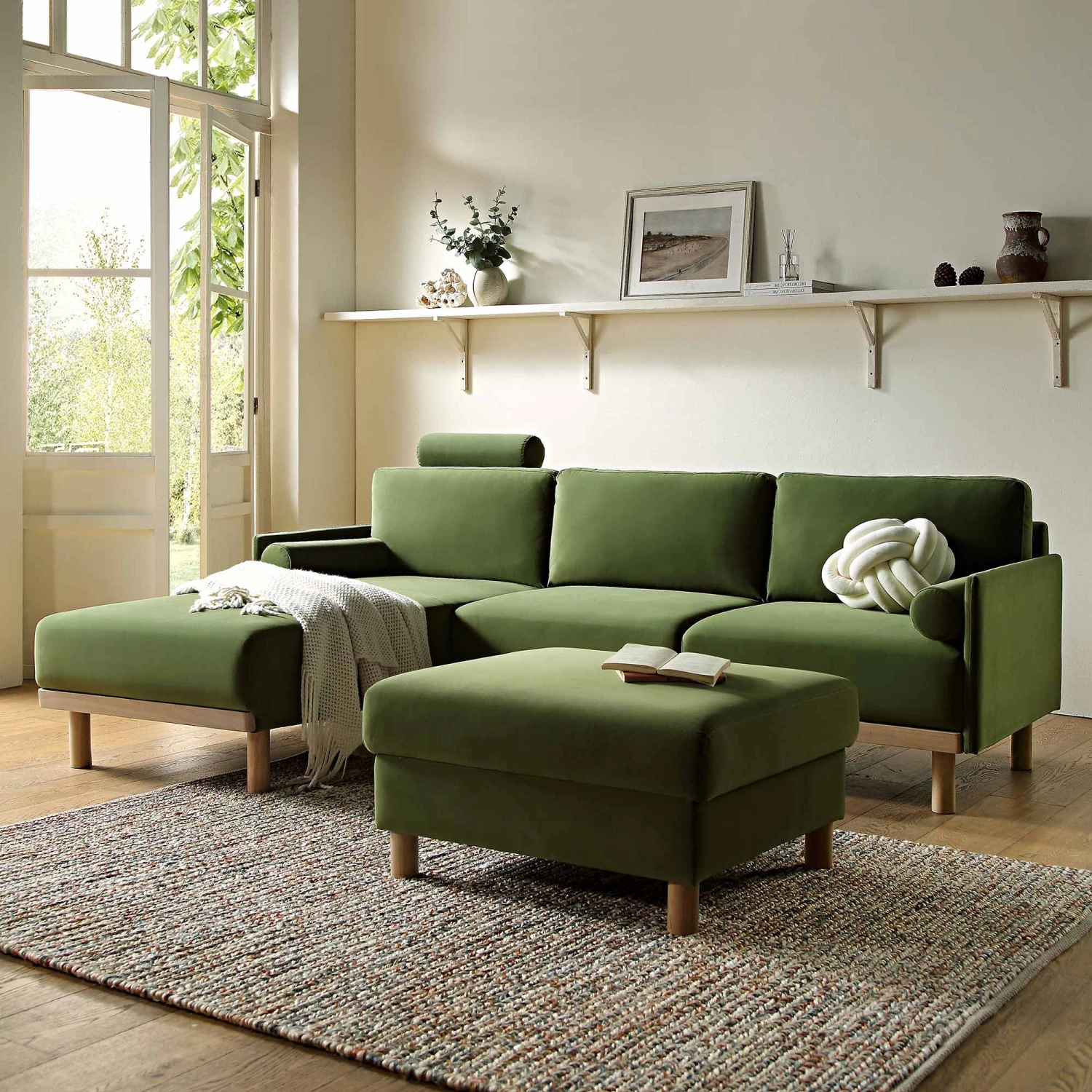 Timber Fern Green Velvet Sofa, Large 3-Seater Chaise Sofa Left Hand 3 Timber Fern Green Velvet Sofa, Large 3-Seater Chaise Sofa Left Hand