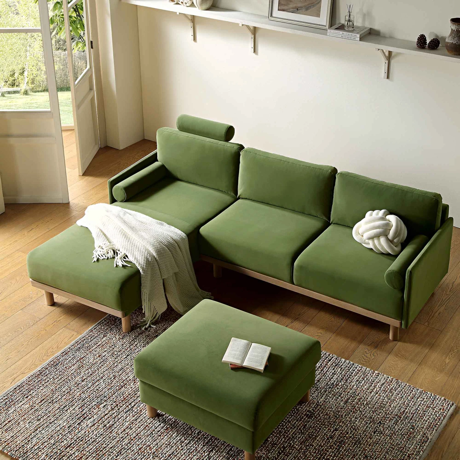 Timber Fern Green Velvet Sofa, Large 3-Seater Chaise Sofa Left Hand 5 Timber Fern Green Velvet Sofa, Large 3-Seater Chaise Sofa Left Hand - Image 3
